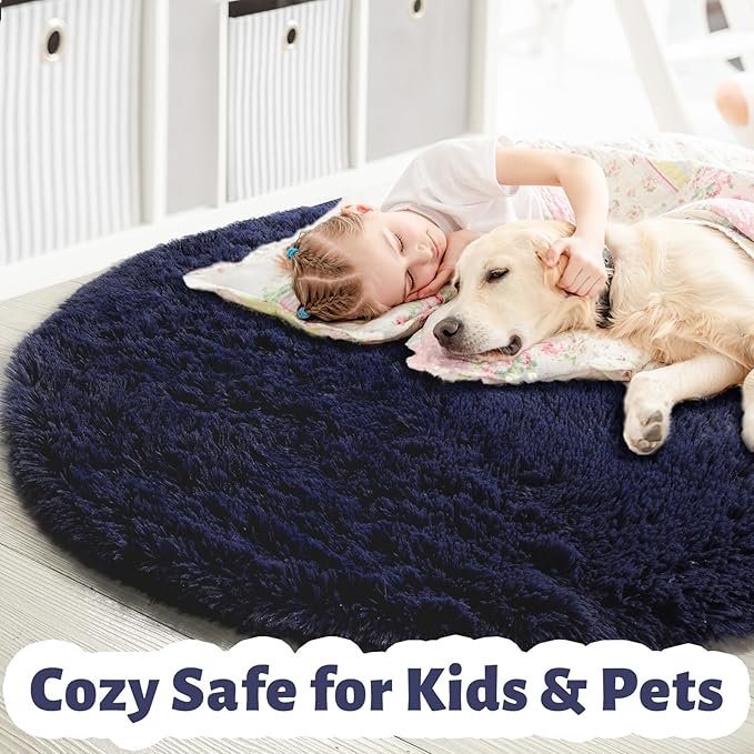 Dark Navy Round Rugs 5Ft for Teen Boys Bedroom, Washable Fluffy Shag Fuzzy Plush Circle Area Rug for Kids Room, Living Room Decor Aesthetic, Indigo Furry Cool Dark Blue Carpet for Dorm Baby Nursery
