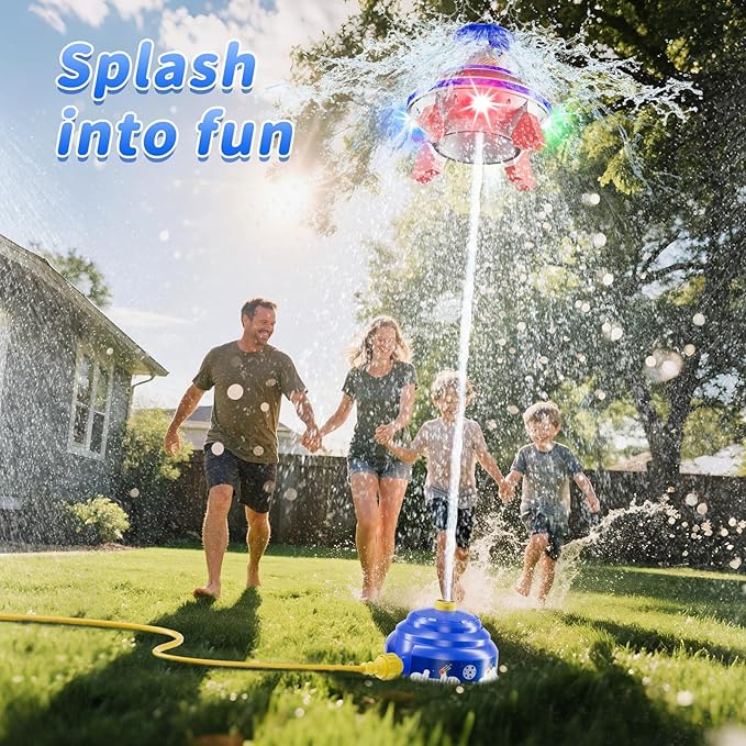 UFO Water Sprinkler for Kids, Water Rocket Toy Outdoor Summer Play W/Light & Spin, Adjustable Height Water Launcher, DIY Space Sticker, Backyard Lawn Gift for Girls Boys 3-12 Year Old Blue