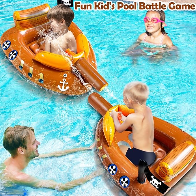 Pirate Ship Pool Floats Toys for Kids 3-11 Years with Water Squirt Guns, Inflatable Ride-On Swimming Pool Toys Floaties for Kids Boys Girls, Toddler Battle Pool Float Outdoor Summer Water Party Game