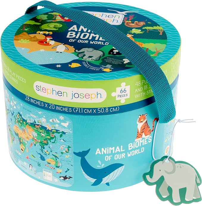 Stephen Joseph, World Map Puzzle Animal Biomes with 3D Animal Pieces – Includes 16 Play Pieces with Fun Facts and Stands, Includes 8.5 x 11 Poster, Jigsaw Puzzle for Girls & Boys 3+ Years