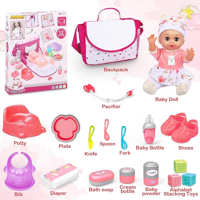 Baby Doll Care Set, Baby Doll Feeding Playset 20Pcs, Realistic Pretend Play Baby Dolls, Incl Baby Care Bag, Milk Bottle, Pacifier, Diaper, Clothes, B-day Gifts for Age 3 4 5 6+ Year Old Girls Kids