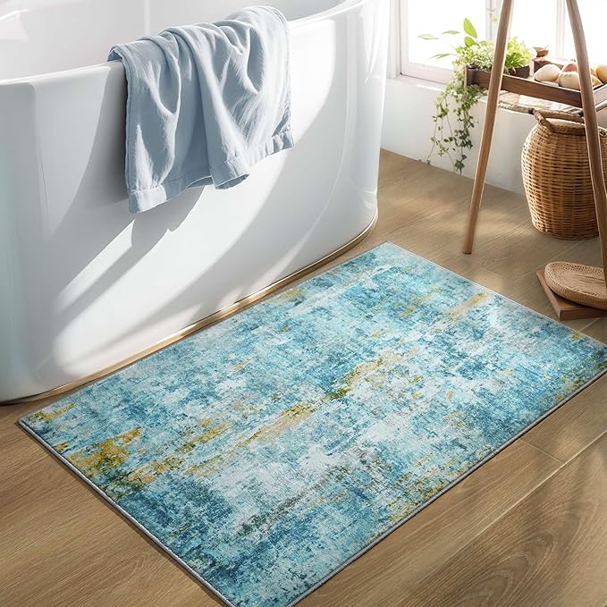 Entryway Rug 3x5 Teal Blue Bedroom Area Rug Washable Non Slip Abstract Boho Rugs for Indoor Entry, Kitchen, Classroom, Bathroom, Kids Girls Room, Office, College Dorm Small Carpet