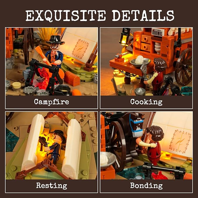 FUNWHOLE Cowboy Camp Lighting Building-Bricks Set - The Old West Shelter with Covered Wagon and Horse 542 Pcs Collection Display Set for Adults and West Lovers