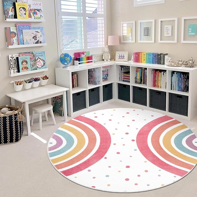 STARUIA Colorful Rainbow Rug for Nursery, 5 Ft Machine Washable Rug for Kids Room, Large Round Rugs for Girls Bedroom, Circle Kids Rug Soft Polka dot Carpet for Classroom Playroom Tent