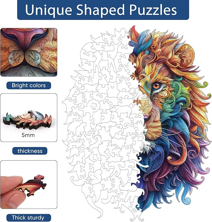 Wooden Puzzles for Adults, Lion Jigsaw Puzzles 200 Piece, Unique Shape Puzzles for Adults and Kids, Fun Challenging Puzzles Family Game Gift, Medium Size 9.1 x 10.9 Inches