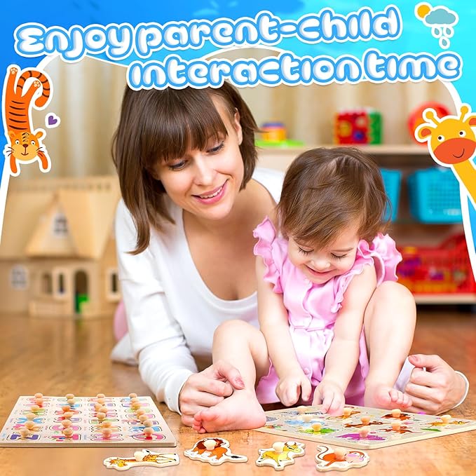 Chivao 8 Set Wooden Peg Puzzles for Toddlers 2-4 Years Alphabet Number Animal Vehicles Puzzles Board for Kids Educational Learning Toys for Children Babies Boys Girls(Cute)