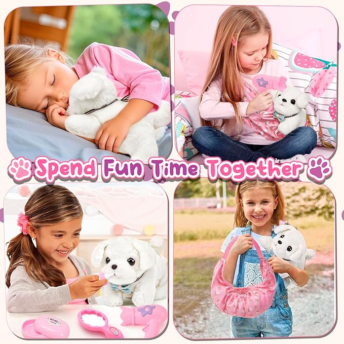 Golray Toy Dog for Kids Girls, Stuffed Dog with Heart Beat & Skeleton Transform, Sling Carrier & Toddler Girl Toy Kid Plush Puppy Pet Care Pretend Play Set, Birthday Gift for Girl 3 4 5 6 7 Years Old