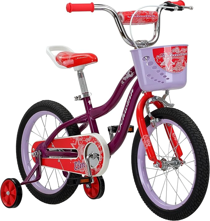 Schwinn Elm BMX Style Toddler and Kids Bike, For Girls and Boys, 16-Inch Wheels, With Saddle Handle, Training Wheels, Chain Guard, and Front Basket, Recommended Height 38-48 Inch, Purple