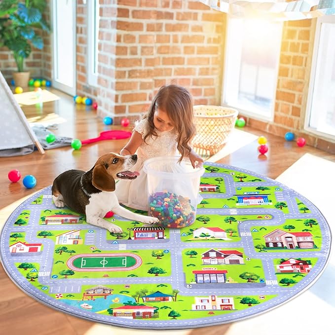 Round Rug 4x4 ft Kids Round Play Carpet City Traffic Road Kids Rug Low Pile Non Slip Fun Carpet for Kids Baby Learning Exercise Mat Educational Car Rug for Toddler Boy Bedroom Playroom Grey