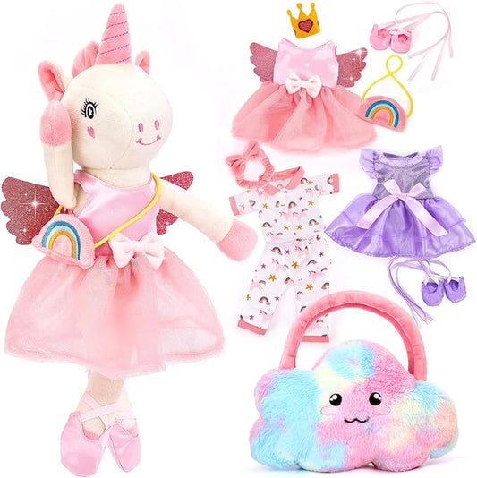 Unicorns Toys for Girls Age 4-6 - Ballerina Doll Stuffed Animal Toys for Girls 3-5, Ballet Dress up Doll, 3 Set Clothes with Plush Bag, Kids Toy 4 Year Old Girl Birthday Gift Dance Recital Gifts