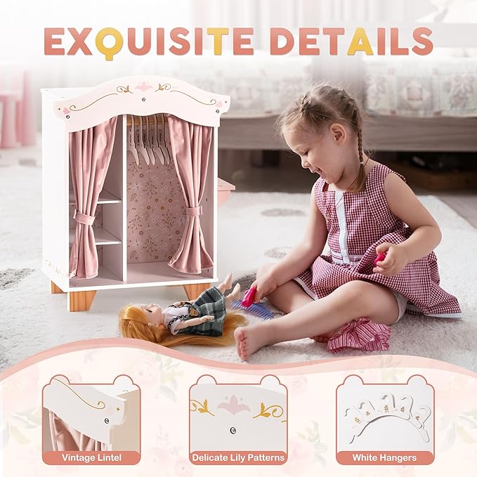 ROBOTIME 18in Doll Closet, Wooden Doll Closet Wardrobe, Pink Doll Wardrobe Closet Fits 16-18in American Girl, Gift for Boys & Girls