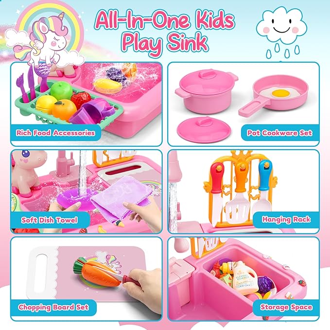deAO Play Kitchen Sink Toys,Kids Electric Dishwasher Play Sink with Running Water, Play Kitchen Accessories,Real Faucet for Water Play, Pretend Play for Toddlers 3+,Pink