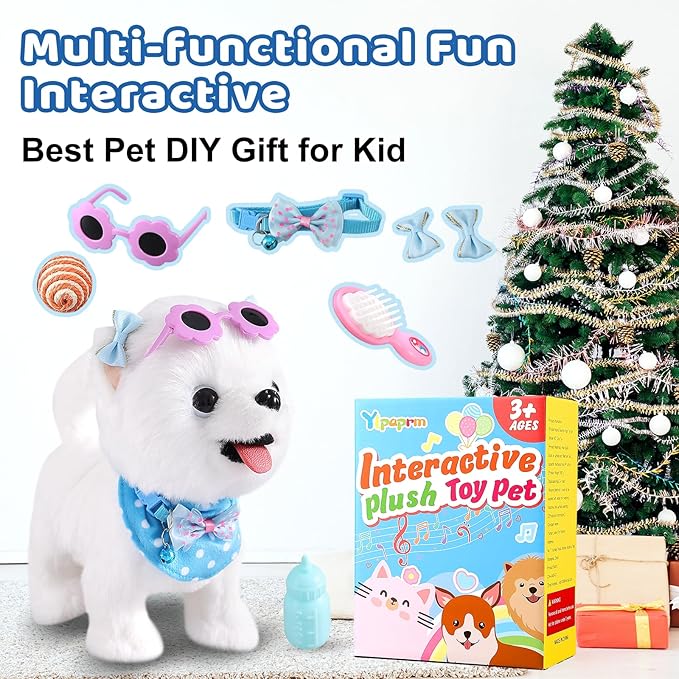 Samoyed Walking Dog Toy for Kid Girl Puppy Toy Licking Barking with Leash, Electric Talking Singing Tail Wag Plush Robot Doggy DIY Pretend Dress Up Interactive Dog
