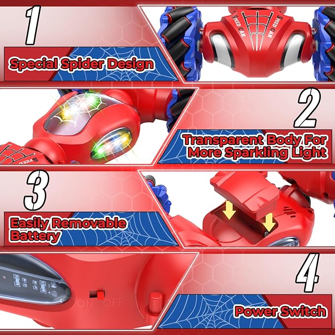 Spider Remote Control Car Toys for 6-12 Boys Girls, Birthday Gifts for Kids, 2.4Ghz 4WD Gesture Sensing RC Stunt Car with Light & Music & Spray, Double-Sided 360° Rotating Hand Control
