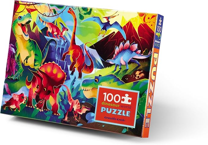 Crocodile Creek 100-Piece Jigsaw Puzzle for Kids Ages 5 and Up - Fun and Educational Table or Floor Holographic Foil Puzzle - Heavy-Duty Box for Storage - Dinosaur World - 24" x 18" Finished