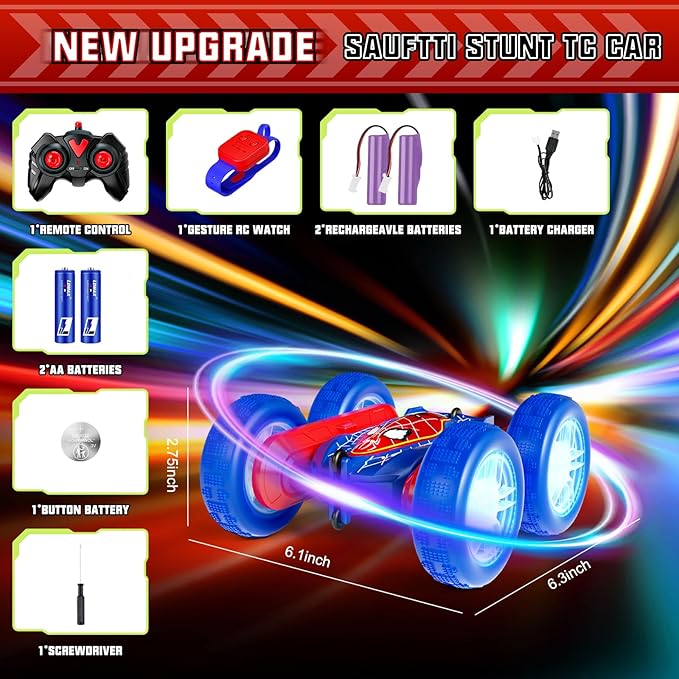 Gesture RC Cars, Hand Controlled Stunt Car for 6-12 yr Boys Girls, Gesture Sensor Remote Control Cars, 4WD Double Sided Off Road RC Trucks with Light Music for Kids Birthday Xmas Gifts (Blue)