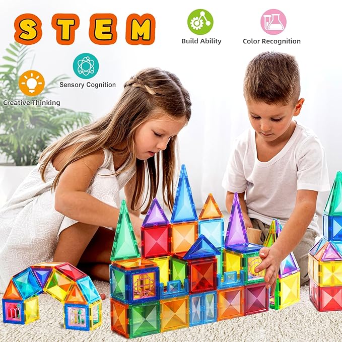 TOKBLOK 64Pcs Clear Diamond Magnetic Tiles - STEM Educational Building Blocks Toys for 3-6 Year Old Boys & Girls | Ideal for Toddler Early Development (Starter Set)