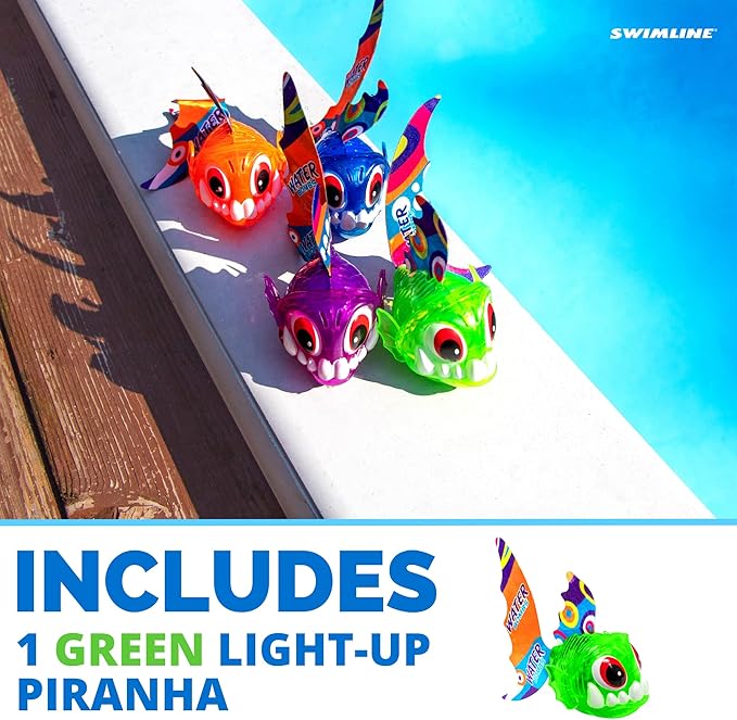 Swimline Original 1-Pack Diving Toys LED Light-Up Glowing Sea Animal Piranha Catch The Fish Retrieval Game for Swimming Pool & Bath Tub for Kids Green Color Flashing Underwater Dive Practice Learn