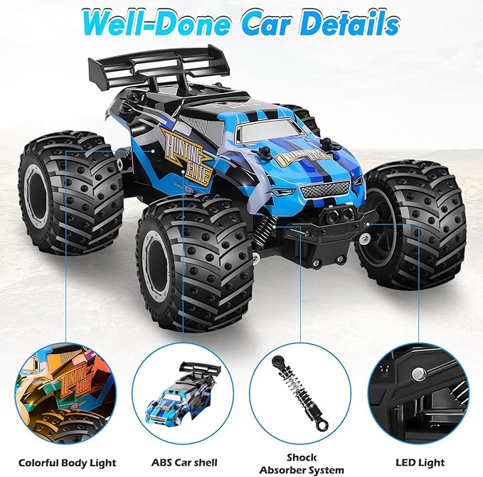 Remote Control Car, Remote Control Truck, 2.4Ghz All Terrain Off-Road Monster Truck, 20 KM/H Rc Cars with LED Bodylight and 2 Rechargeable Batteries Toys for Boys