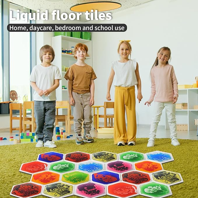 Art3d 9-Tile Hexagon Sensory Floor Tiles for Kids, Toddlers and Children, Colorful Liquid Sensory Activity Mat for Active Play and Decorative