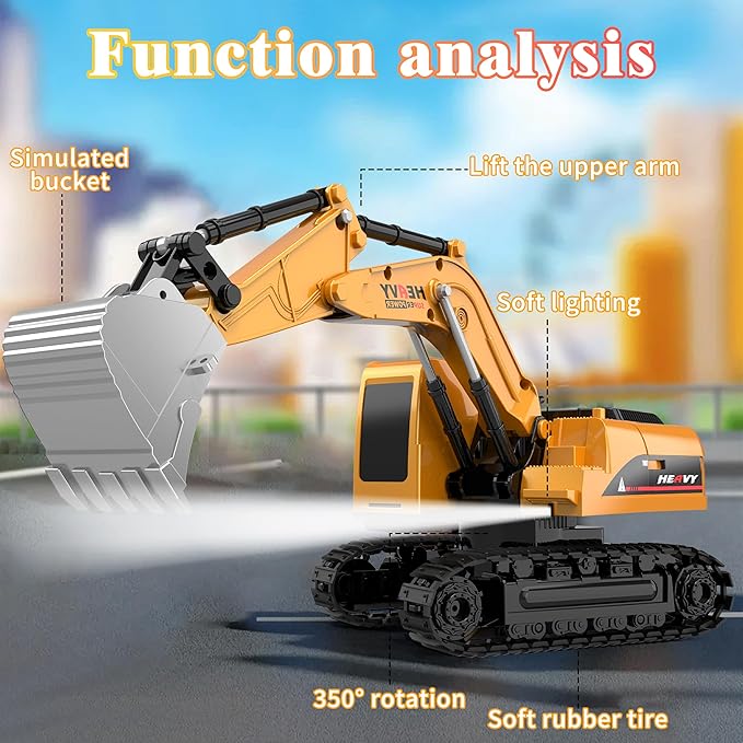 AISYAH Remote Control Excavator and Construction Bulldozer Toy Set - RC Construction Vehicles Toy with Barricades, Road Signs, Simulated Rocks, Lights and Sounds, Present for Toddlers 6-12 Year Kids