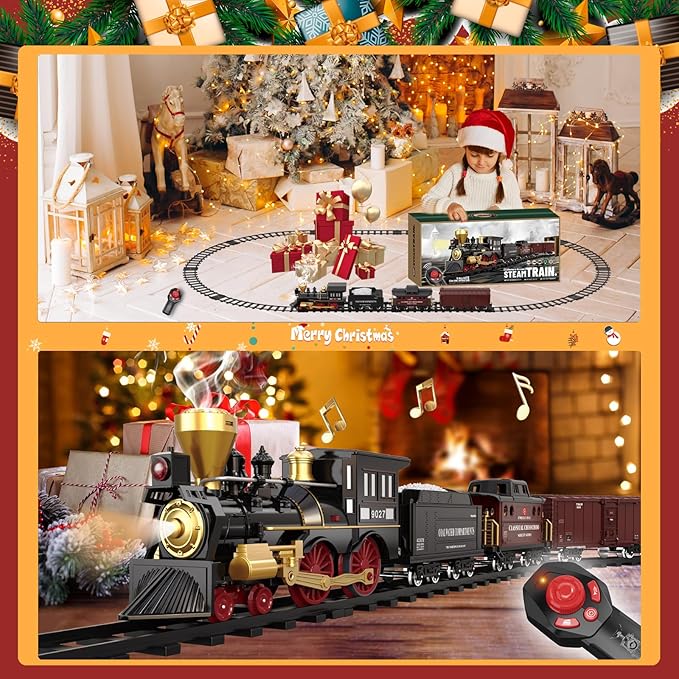 Remote Control Train Set for Kids Electric Steam Engine Locomotive, Cargo Car & Tracks,Trains w/Realistic Smoke,Sounds & Lights,Rechargeable Birthday Gifts for 3 4 5 6 7+ Years Old Boys Girls … …