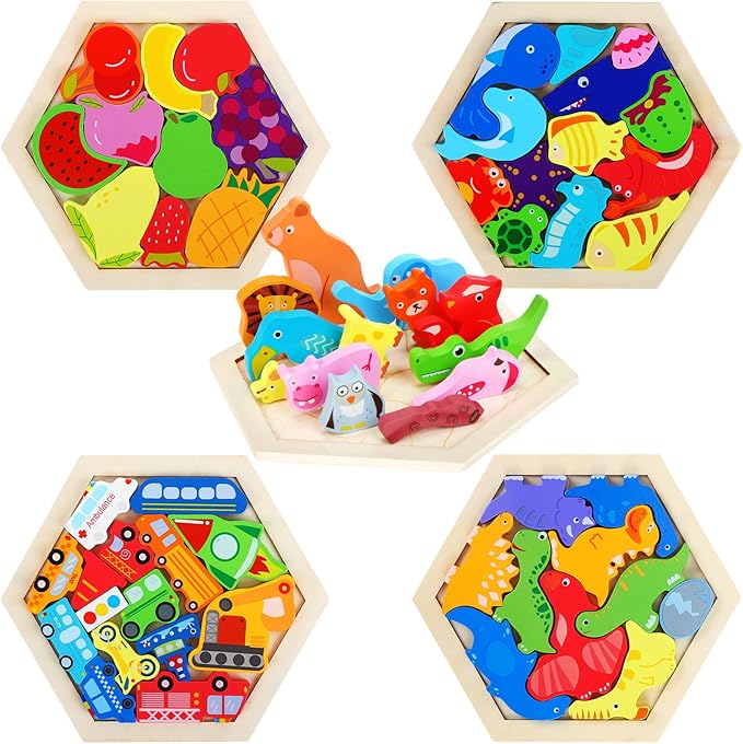 5 Pack Wooden Tangram Puzzle for Kids Wooden Hexagon Puzzle Block Teaser Geometric Shapes Tangram Games for Jigsaw 3D Logic IQ Game Gift(Cute)