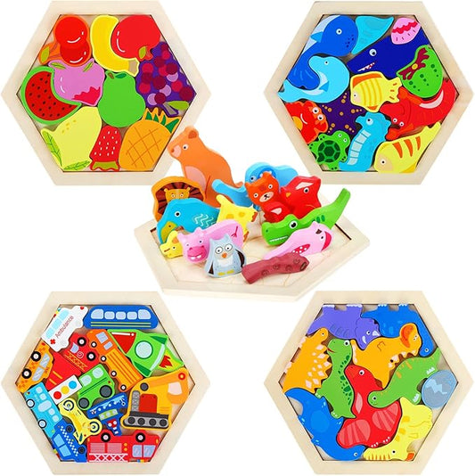 5 Pack Wooden Tangram Puzzle for Kids Wooden Hexagon Puzzle Block Teaser Geometric Shapes Tangram Games for Jigsaw 3D Logic IQ Game Gift(Cute)