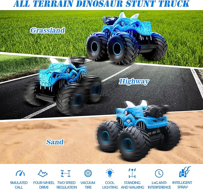 Remote Control Monster Truck, 2.4GHz RC Cars with Light, Sound & Spray, Monster Trucks for Boys Girls, All Terrain Dinosaur Toys with 4 Batteries, Festive Birthday Gifts