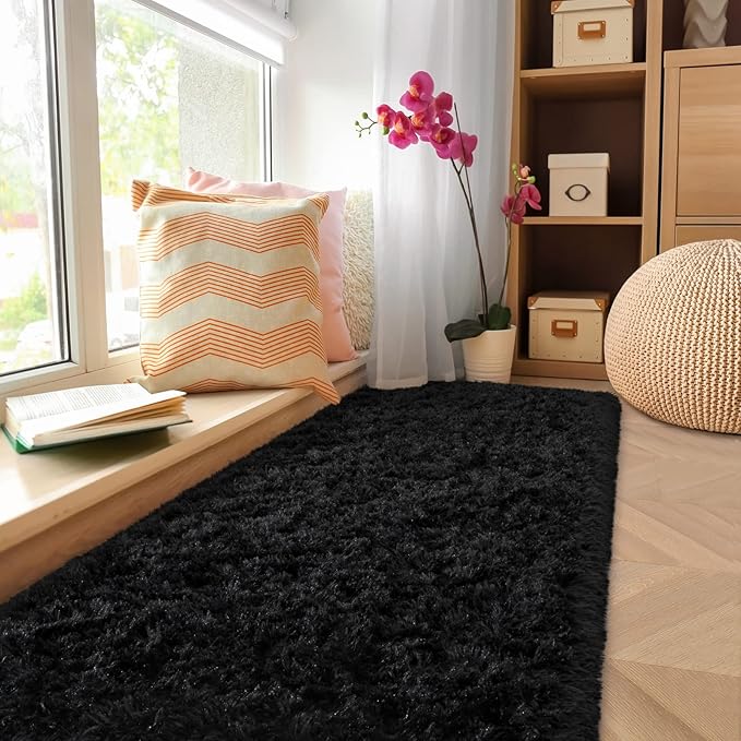 Amearea Shag Fluffy Area Rug for Bedroom Girls Living Room, Extra Soft and Fuzzy Shaggy Rugs, Non Slip, Solid Color Carpet Mat for Boys Nursery Home, Black 2x6 Feet