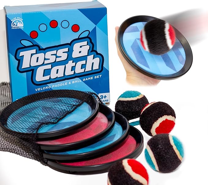 Toss and Catch Ball Set - Modern Ball and Catch Game with 4 Paddles and 4 Balls. Toss and Catch Game Set Includes mesh Storage Bag - Durable Modern Design
