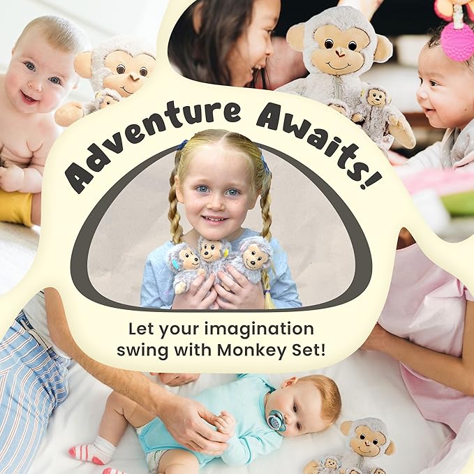 DreamsBe Monkey Stuffed Animal with 3 Baby Monkeys for Boys & Girls - Plush Stuffie with Zippered Pocket for Babies - Monkey Gift for Kids Ages 3 4 5 6 7 8 9 Years