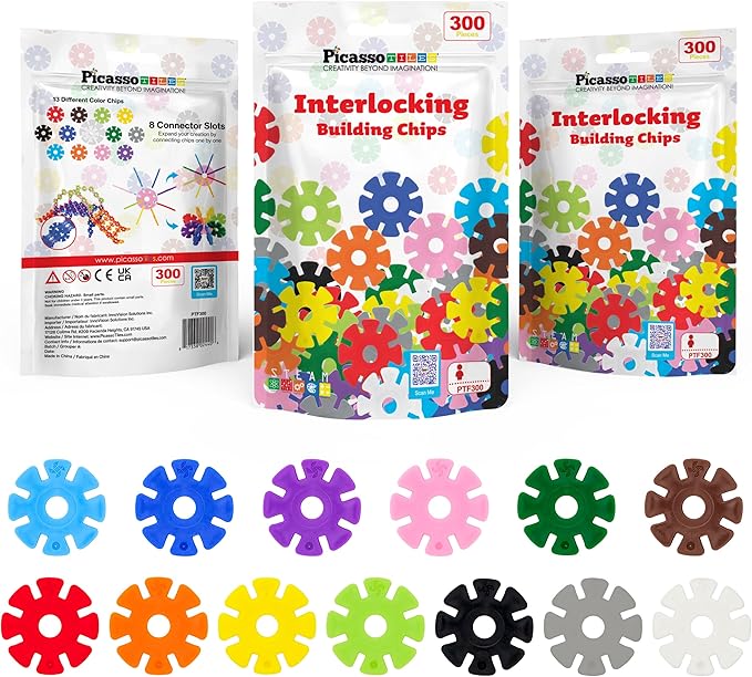 PicassoTiles Construction Building Chips Block 300 Piece Set Interlocking Plastic Disc STEM Learning Toy Creative Education Child Brain Development Play for Toddler Kids Boys Girls Ages 3 & Up PTF300