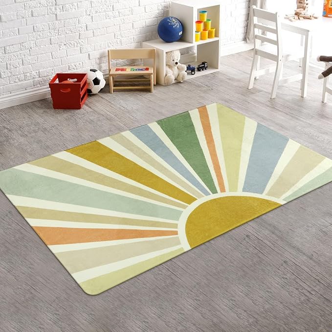 STARUIA Boho Washable Rug 3'x5' Kids Area Rug for Playroom, Colorful Kids Rug for Bedroom, Non-Slip Throw Sun Carpet Soft Small Sunshine Rugs for Office Nursery Entryway Dorm