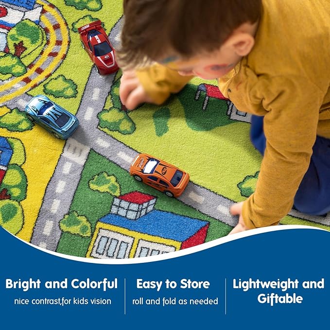 Booooom Jackson Kids Play Mat - Soft, Non Slip Race Car & Train Rug, Washable Area Rug for Bedroom, Playroom, Preschool