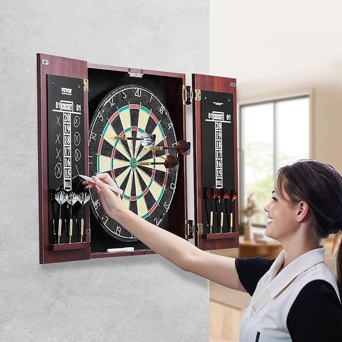 VEVOR Dart Board Cabinet Set, Multiple Styles Ready-to-Play Bundle Official Size, Steel Tip Dart Hideaway Cabinet, Features Easy Assembly, Complete with All Accessories, Perfect for Cricket Games