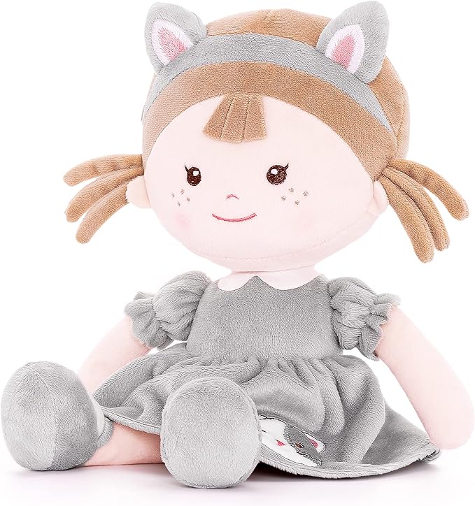 Onetoo First Baby Doll Soft Baby Gifts for Girls Plush Rag Doll Wear Kitty Costume Gray Dress 14"