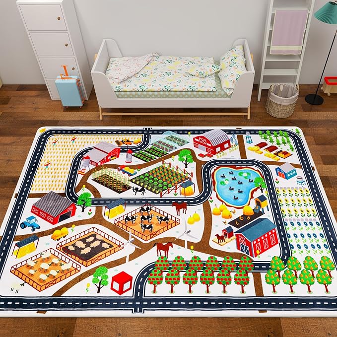 Kids Rug Car Rug for Toy Cars, 39.4"×59" Farm Life Road Traffic for Playroom Kid Road Mat Village Map Play Mat Non-Slip Washable Play Carpet for Toddler Boy Family Tummy Time Playtime White