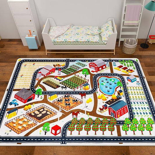 Kids Rug Car Rug for Toy Cars, 39.4"×59" Farm Life Road Traffic for Playroom Kid Road Mat Village Map Play Mat Non-Slip Washable Play Carpet for Toddler Boy Family Tummy Time Playtime White