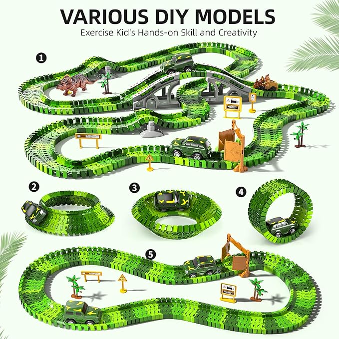 144 Pieces Dinosaur Toys Car Race Tracks Sets for Kids 3 4 5 6 7 8 Years Old - Flexible Tracks Playset with Kids Dinosaur, Electronic Toy Cars for Boys, Birthday Gifts for Toys Toddlers 3-5