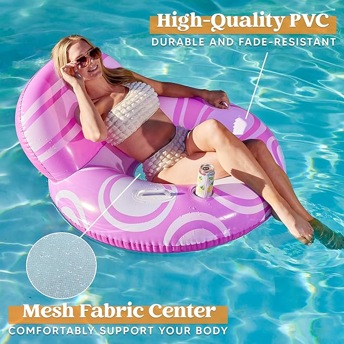 Sloosh Inflatable Pool Floats Chair - River Tube Pool Floaties Sofa with Big Backrest, Lounge Above Water Floating Chair Mesh Bottom Swimming Pool Party Toys Lounger Lake Raft for Adults (Pink White)
