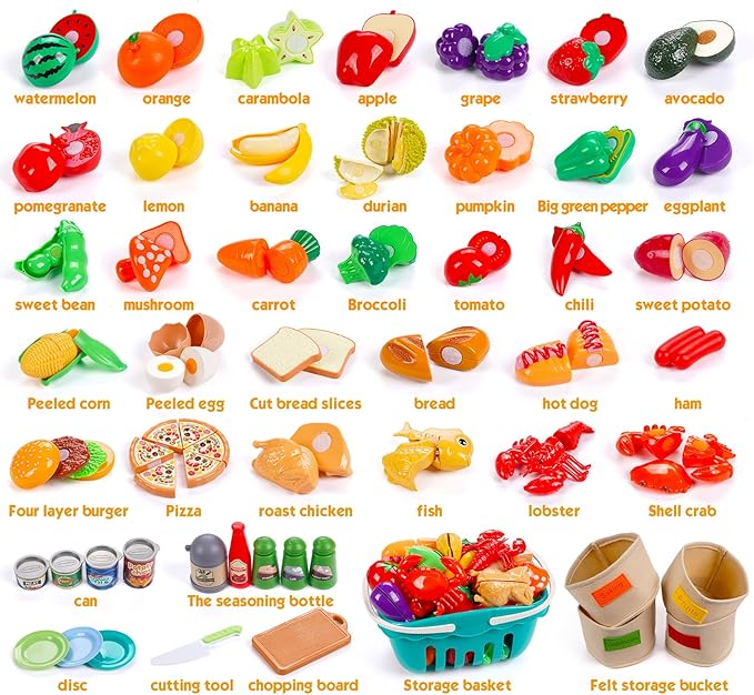 ilauke 87Pcs Cutting Play Food Toy for Kids Kitchen, Pretend Play Food Set for Toddlers with Interactive Cutting Kitchen Toys, Learning Toys Play Food Set for Daycare Educational Toy