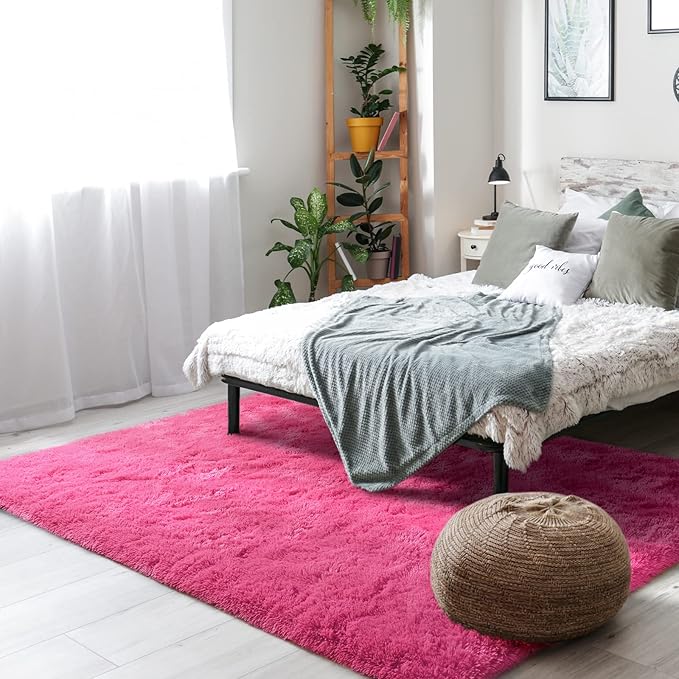 Amearea Shag Fluffy Area Rug for Bedroom Girls Living Room, Extra Soft and Fuzzy Shaggy Rugs, Non Slip, Solid Color Carpet Mat for Boys Nursery Home, Hot Pink 6x9 Feet