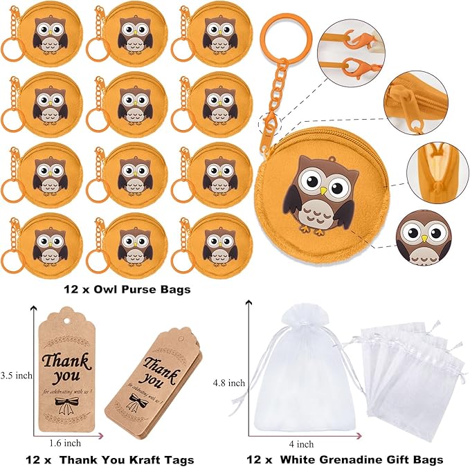 36 Pack Owl Change Purses Set Include 12 Wallets with Keyring,12 Thank You Tags and 12 Organza Bags for Woodland Forest Animals Party,Thanksgiving,Baby Shower,Birthday Party, Khaki