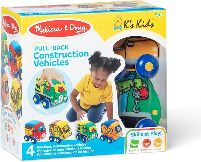 Melissa & Doug Pull-Back Construction Vehicles - Soft Baby Toy Play Set of 4 Vehicles - Cars For Infants, Construction Toys, Pull Back Cars For Babies Ages 9m+