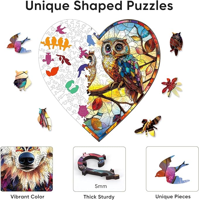 Stained Glass Heart Owls 500 Pieces Wooden Puzzles for Adults Unique Irregular Shape Fun Challenging Birds Puzzles for Kids and Couples on Birthday,Mother’s Day,Christmas 16.7"x16.5"