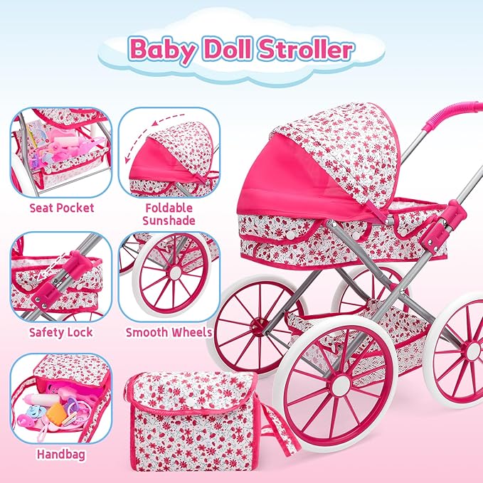 deAO Baby Doll Stroller Set High Chair Travel Diaper Bag with 12 inch Baby Doll Accessories Pretend Play Toys with Foldable Stroller 2 Sets Doll Clothes Birthday Gift for Girls Boys Toddler Kids