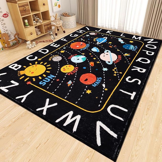 Outer Space Kids Rug,110.2"X78.7" ABC Alphabet Educational Kids Rugs for Playroom,Non Slip Solar System Galaxy Planets Playroom Rug,Washable Kids Area Rug Carpet for Classroom Bedroom Kids Room Decor