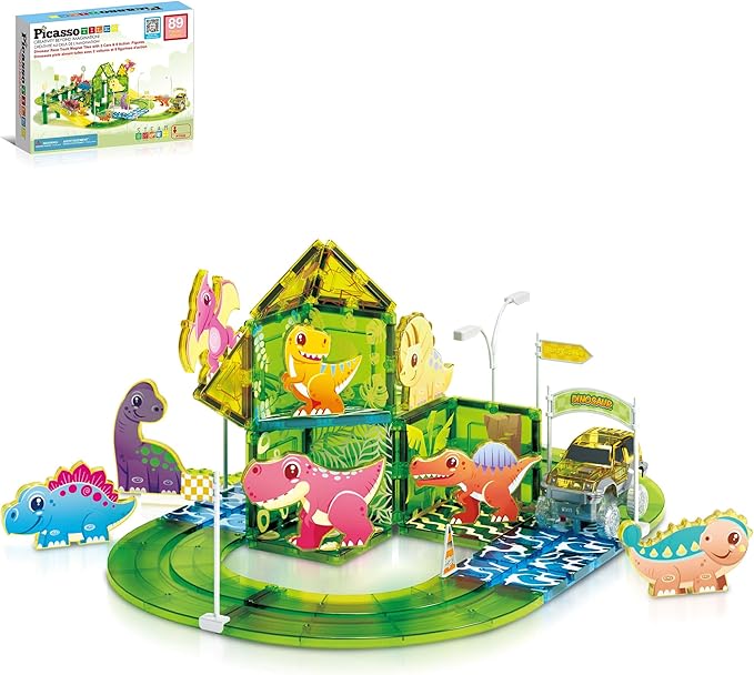 PicassoTiles Dinosaur Magnet Tile Race Car Track with 8 Magnetized Action Figures 2 Cars Accessory Street Sign Kit Magnetic Tiles Construction Building Block Pretend Play Education Toy Ages 3+ PTR02