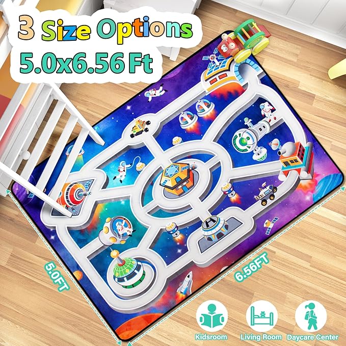 Kids Rug, Space Playmat Rugs,5x7 Ft Playroom Carpet, Colorful Cartoon Outer Space, Planet, Rocket, Spaceship Road Rug for Playroom, Educational Learning Carpet for Kids